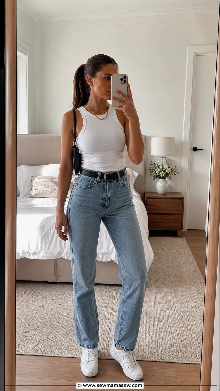 Fitted White Tank With High Waisted Straight Leg Jeans - 35 Clean girl outfit ideas 2026