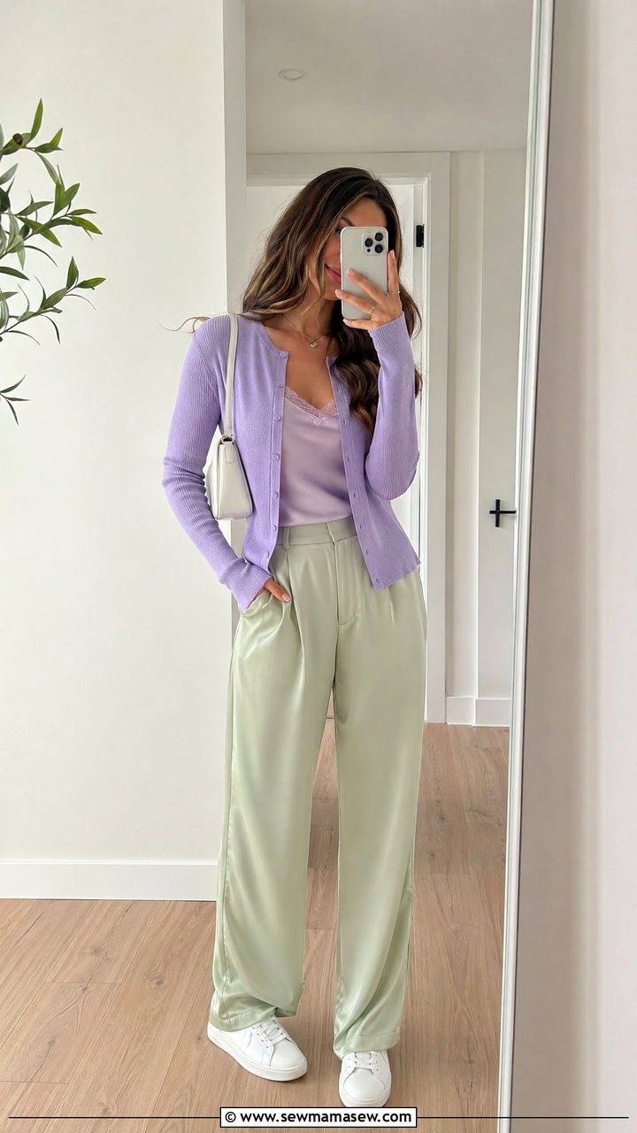 Fitted cardigan and silk pants with sneakers - 35 Spring pastel outfit ideas