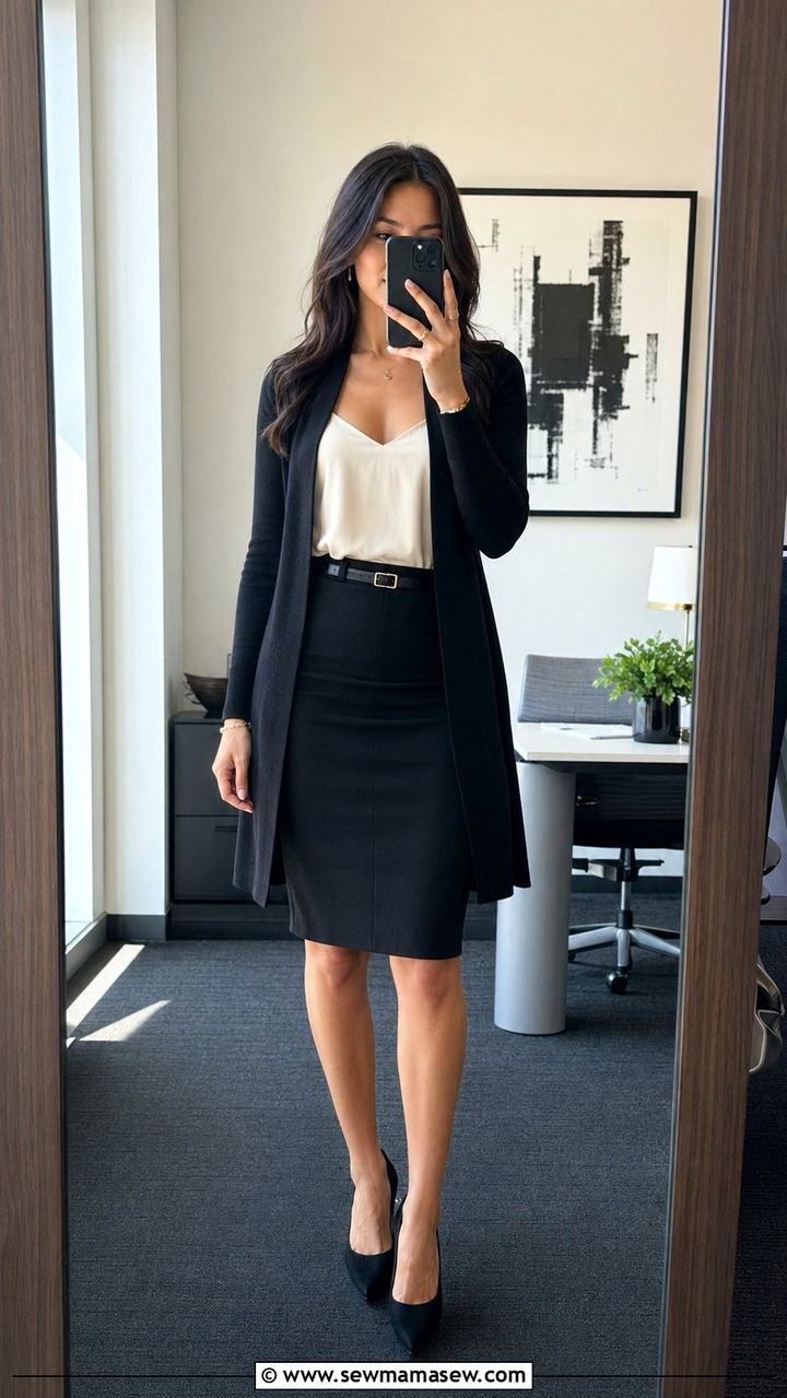 Fitted longline cardigan with a tailored pencil skirt - 30 work outfits for short women