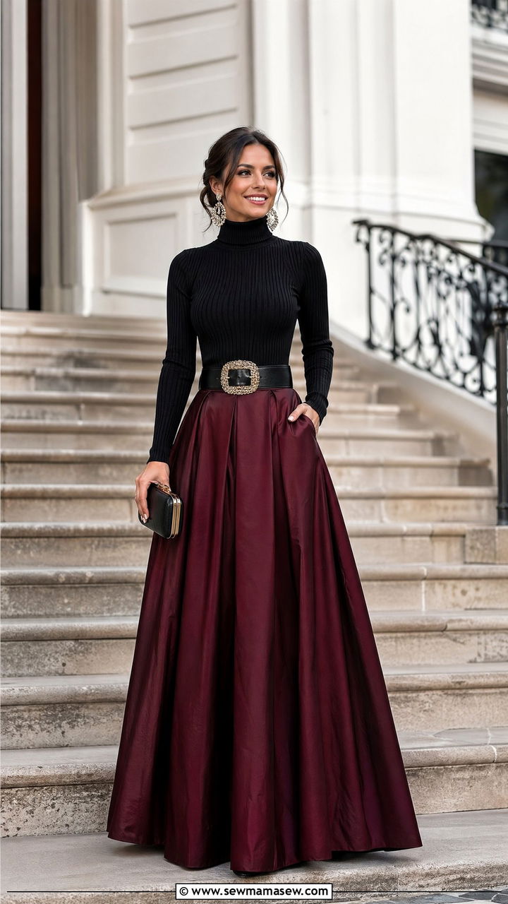 Fitted ribbed turtleneck with flared maxi skirt - 35 Sweater skirt outfit ideas