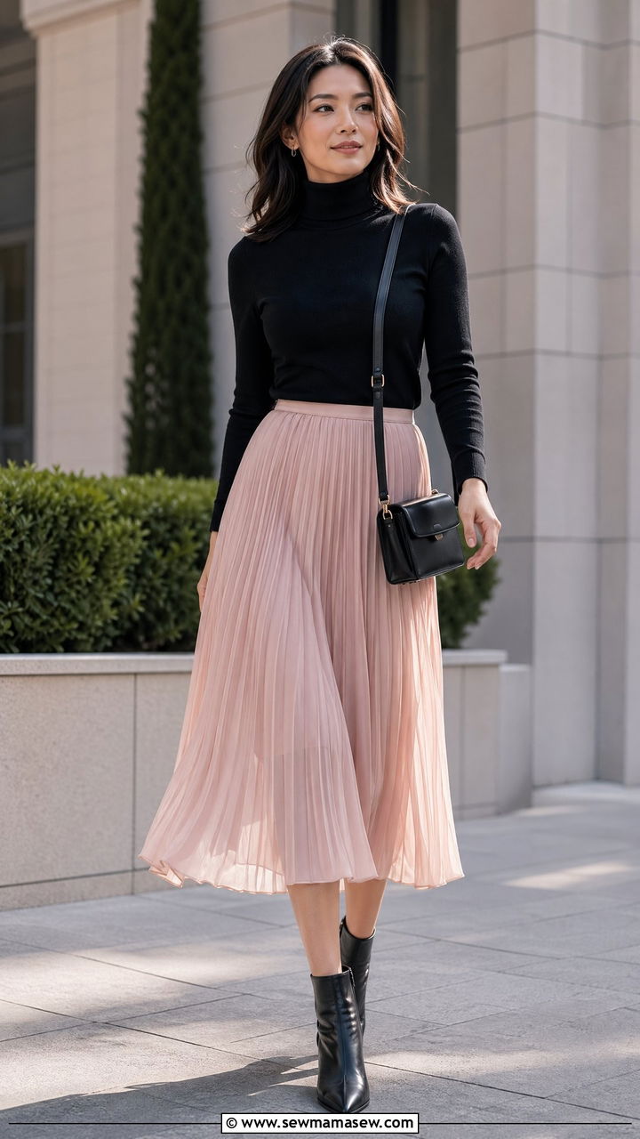 Fitted turtleneck with flowing midi skirt - 35 Sweater skirt outfit ideas