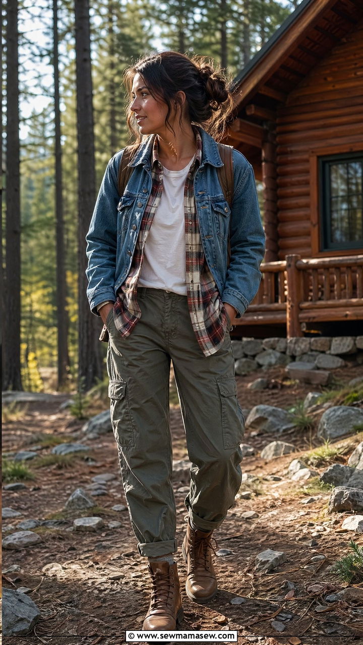 Flannel Button Down With Denim Jacket and Cargo Pants - 35 Cozy cabin weekend outfit ideas