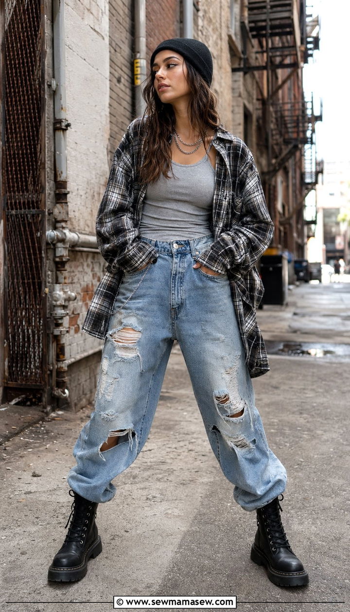Flannel Button Down with Distressed Baggy Jeans and Combat Boots - 30 Baggy jeans outfit ideas with a button down