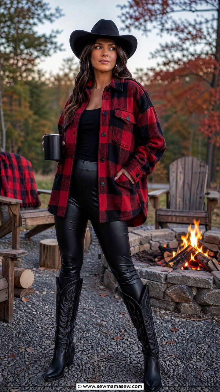 Flannel Shacket With Faux Leather Leggings - 35 western outfit ideas for women