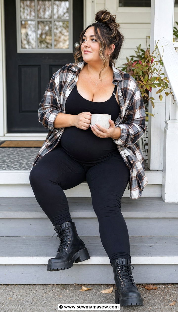 Flannel Shirt And Black Maternity Leggings - 35 Postpartum outfit ideas plus size