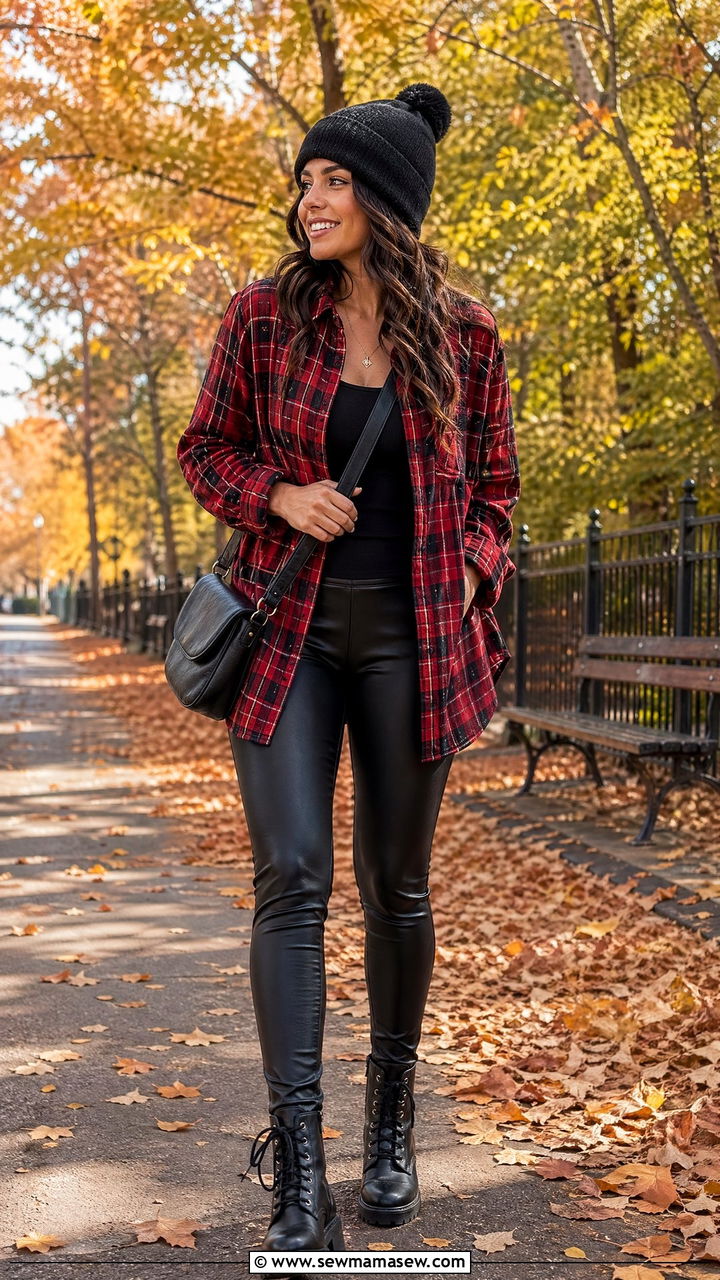 Flannel Shirt And Faux Leather Leggings Outfit - 35 shopping day outfit ideas