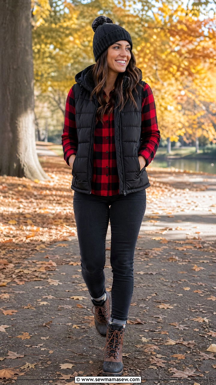 Flannel Shirt And Puffer Vest Outfit - 35 casual outfits for women