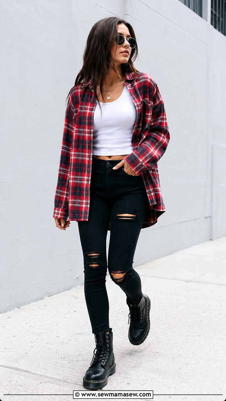 Flannel Shirt And Ripped Jeans With Combat Boots - 30 spring grunge outfit ideas