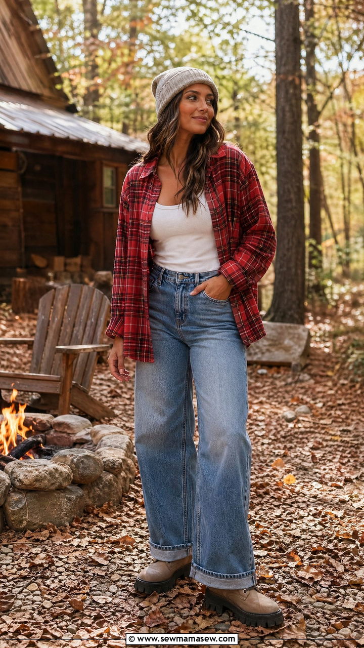 Flannel Shirt And Wide Leg Jeans - 35 casual wide leg pants outfits