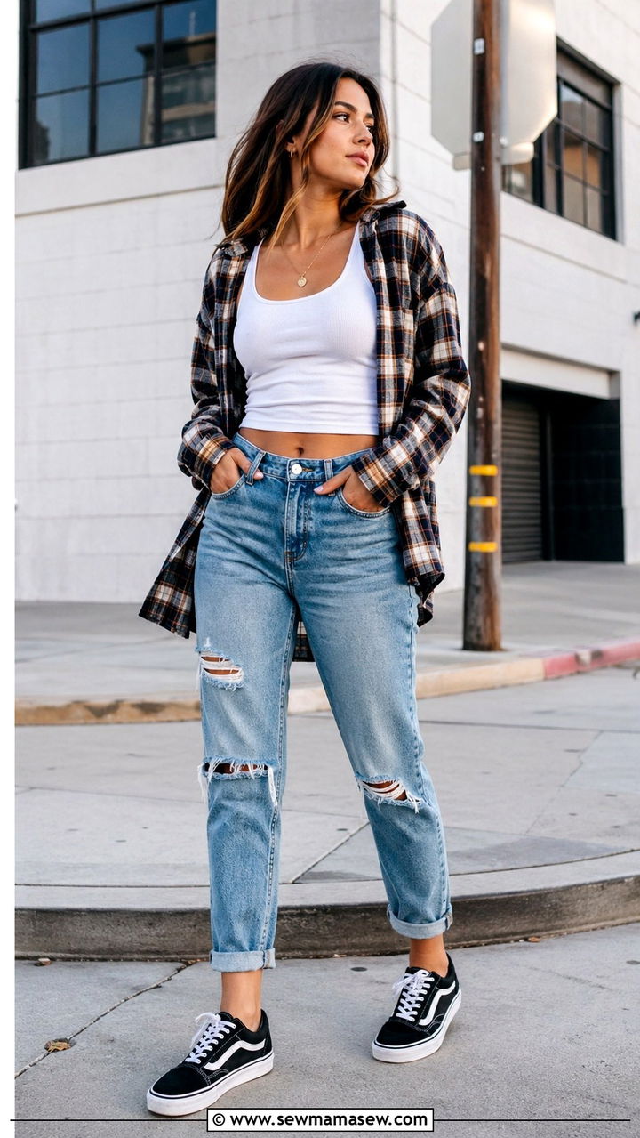 Flannel Shirt Open Over White Tank and Ripped Jeans - 30 Skater outfit ideas