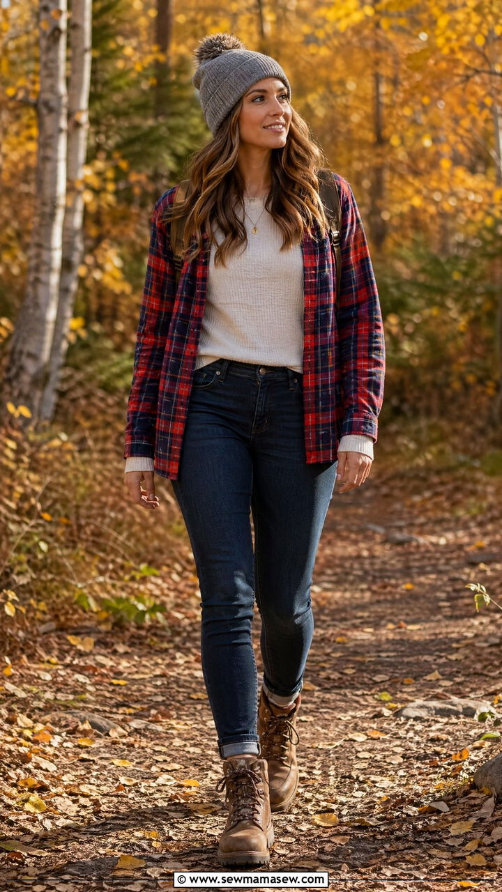 Flannel Shirt Over a Thermal Top With Jeans and Hiking Boots - 35 comfy outfit ideas for women