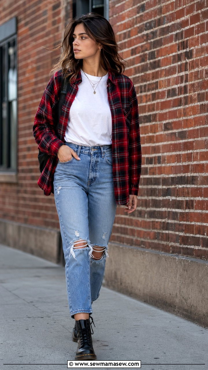 Flannel Shirt Over a White Tee With Ripped Jeans And Combat Boots - 30 90s spring outfits