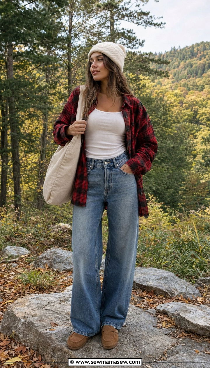 Flannel Shirt With Baggy Jeans and Suede Loafers - 30 Baggy jeans outfit ideas with loafers