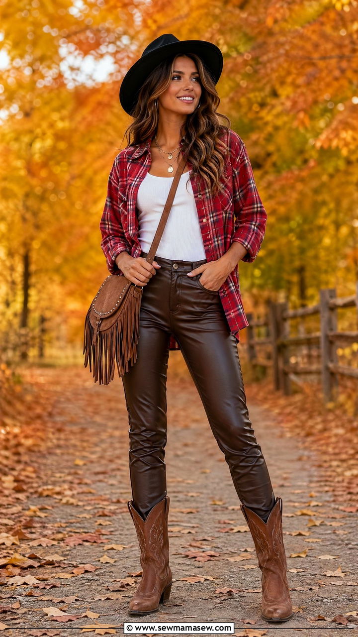 Flannel Shirt With Faux Leather Pants - 35 Cowgirl outfit ideas