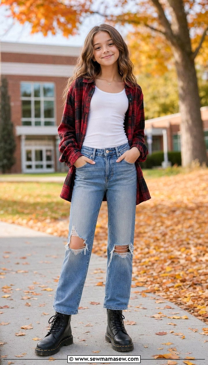 Flannel Shirt With Ripped Jeans and Combat Boots - 30 Back to school outfit ideas middle school 2026