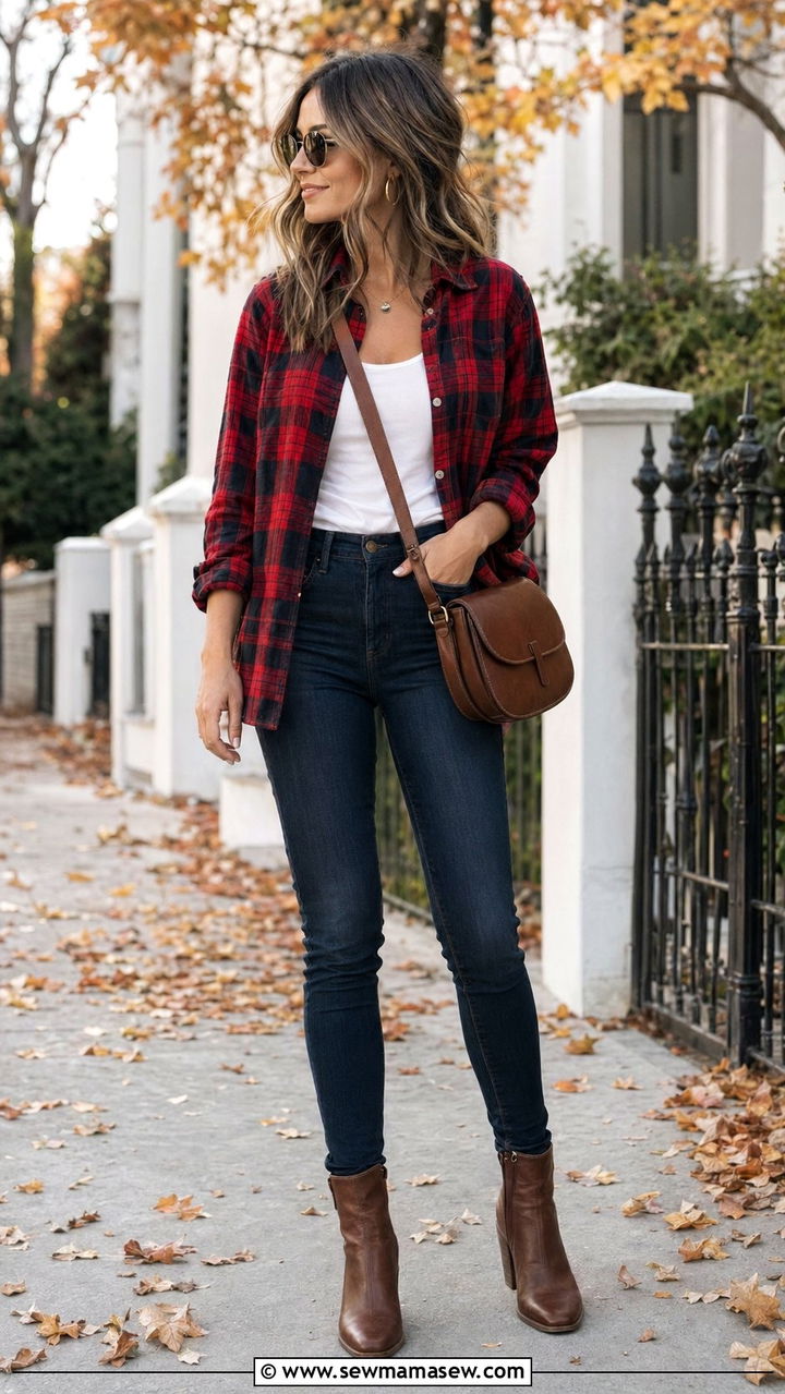 Flannel Shirt and High Rise Jeans with Ankle Boots Outfit - 35 mom outfit ideas