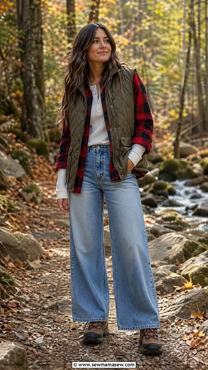 Flannel Shirt and Hiking Boots with Wide Leg Jeans - 35 wide leg jeans outfits for women