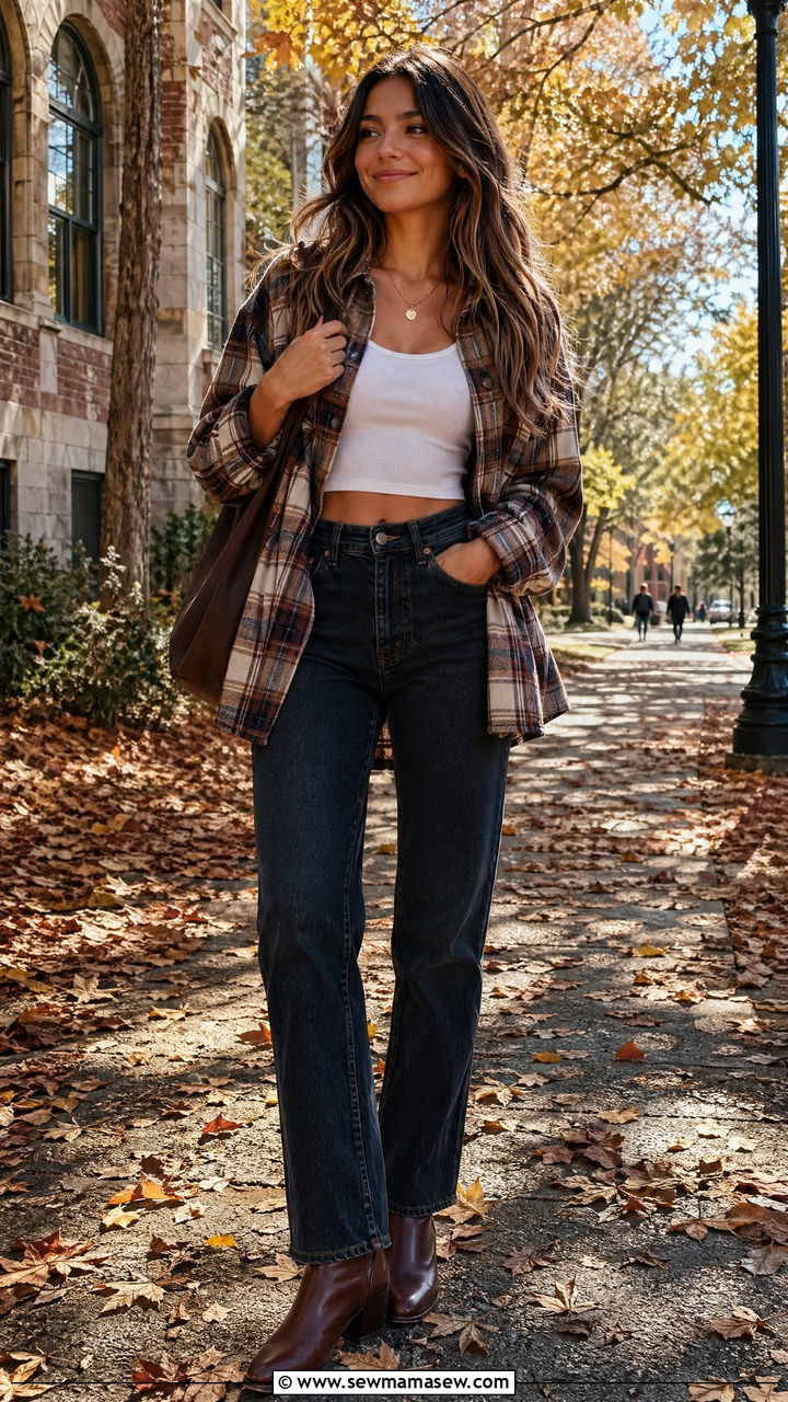 Flannel Shirt and Jeans with Ankle Boots - 35 Cute college outfit ideas
