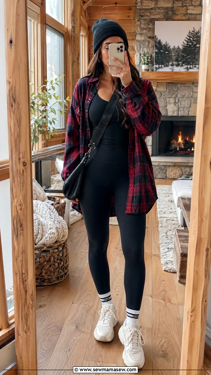 Flannel Shirt and Leggings - 35 Walking outfit ideas women