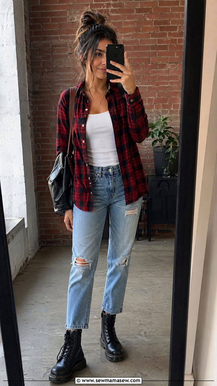 Flannel Shirt and Ripped Jeans Outfit - 35 cute back to school outfits