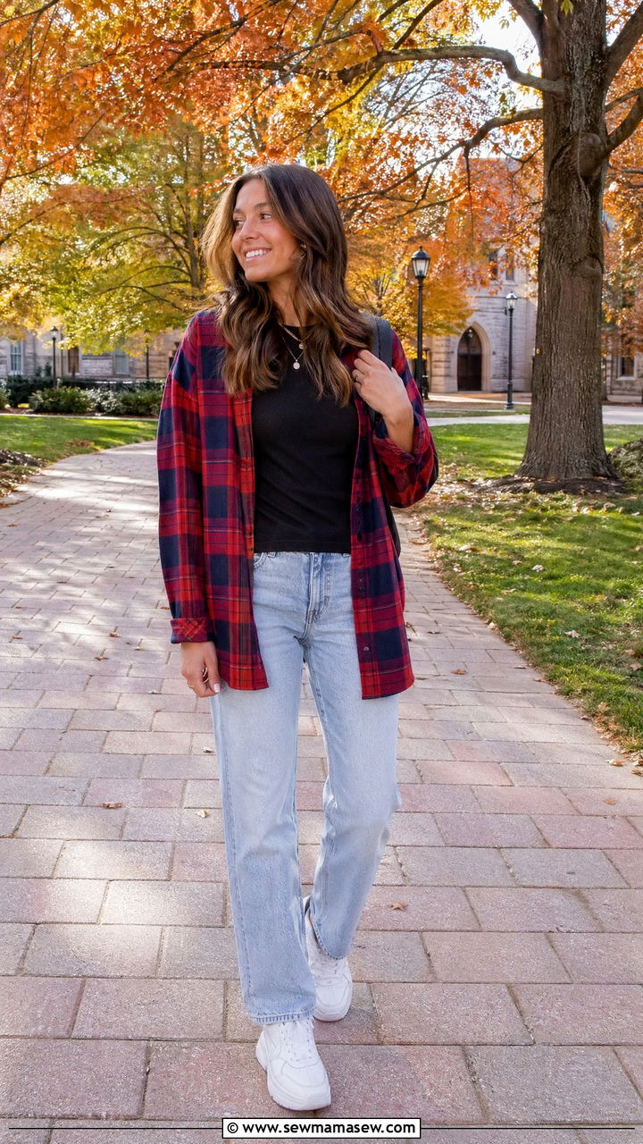 Flannel Shirt over Black Tee with Light Wash Jeans - 35 college outfit ideas for women