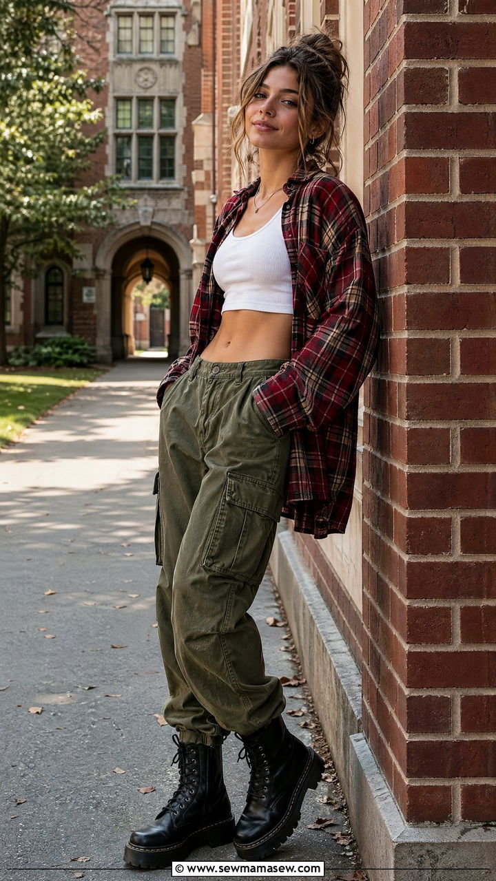 Flannel Shirt with Cargo Pants and Combat Boots - 35 college outfits ideas