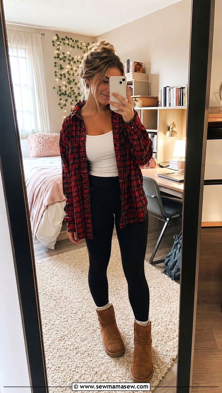 Flannel Shirt with Leggings and Uggs - 30 Back to school outfit ideas college sophomore