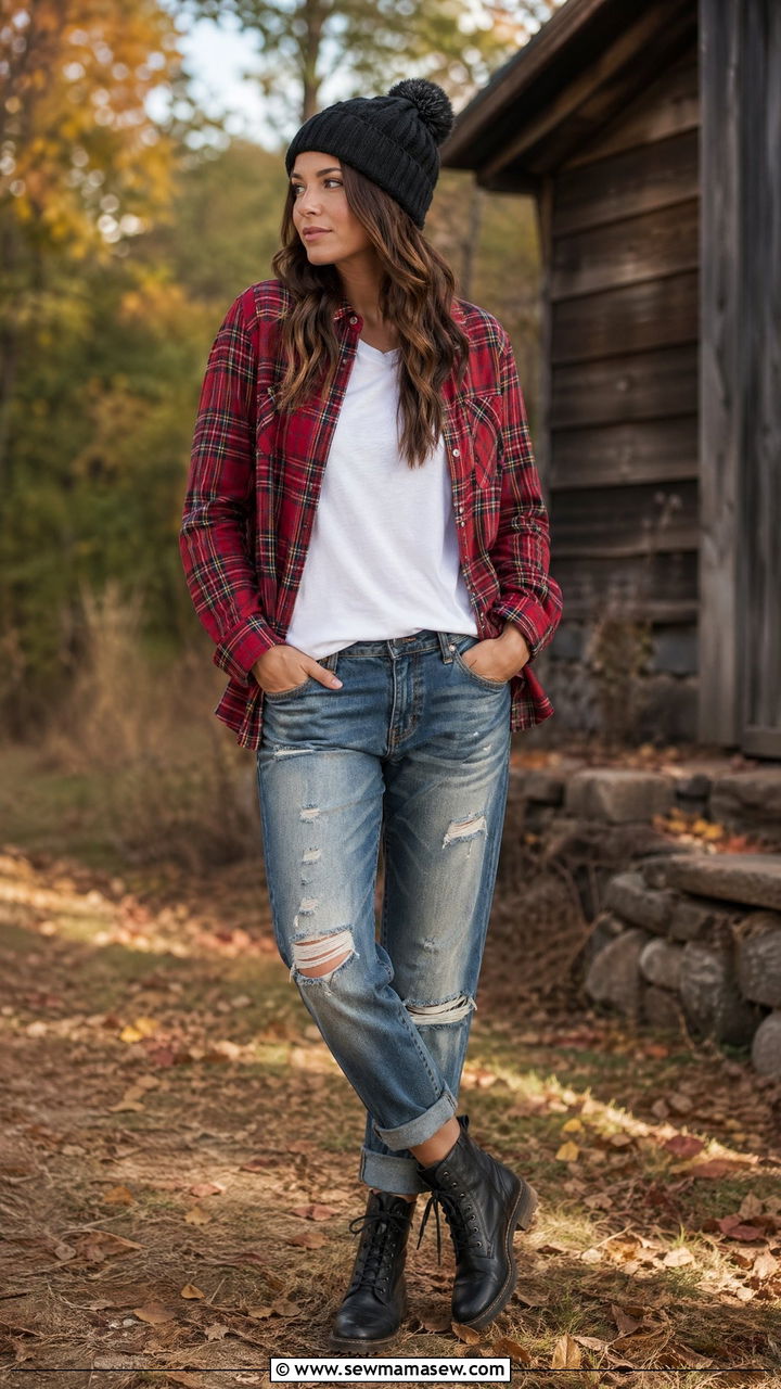 Flannel Shirt with White Tee and Distressed Jeans - 35 transitional outfits casual