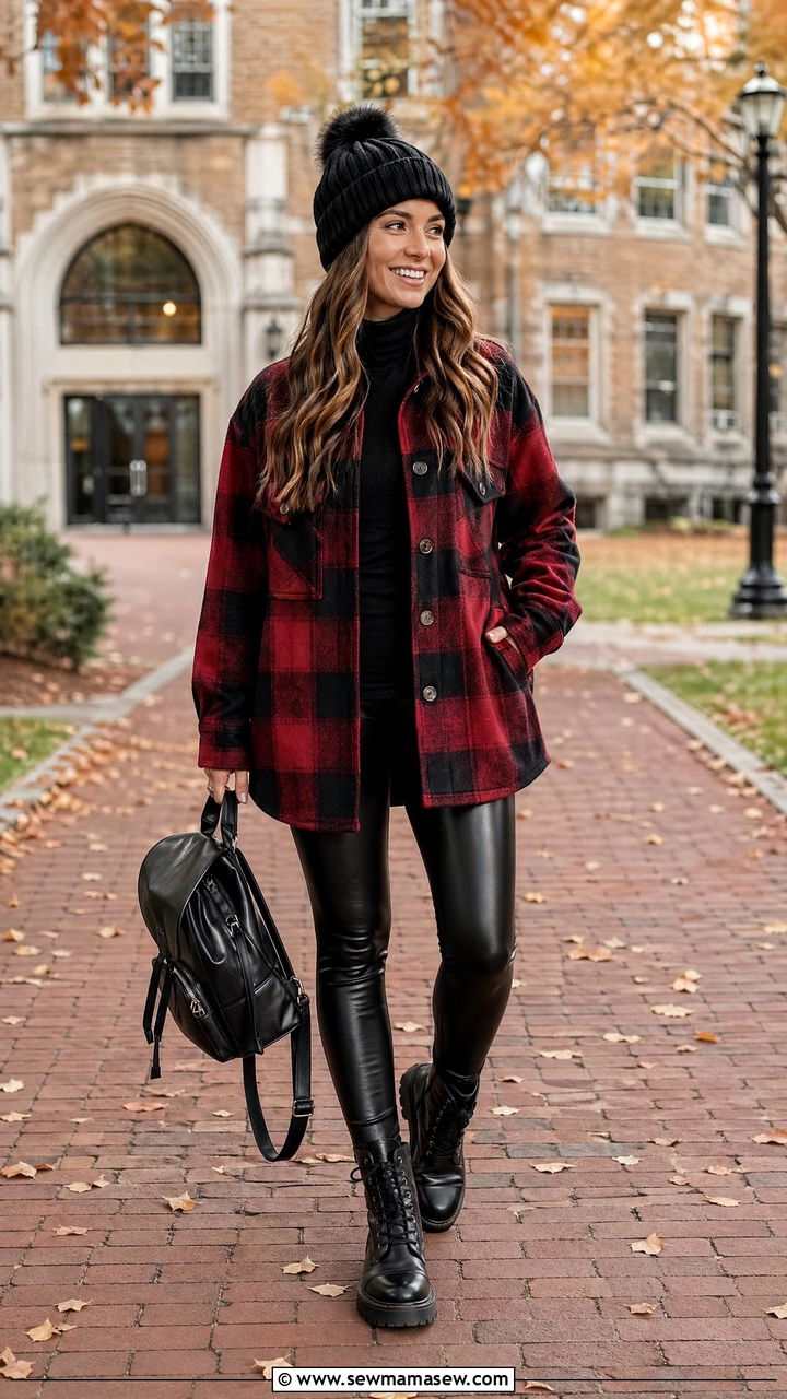 Flannel shacket and faux leather leggings outfit - 35 College campus outfit ideas