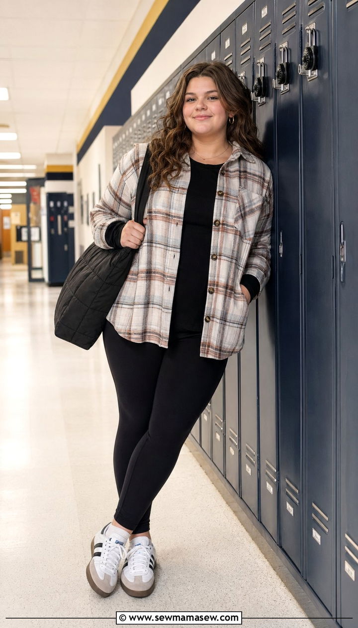 Flannel shacket and leggings outfit - 30 Back to school outfit ideas plus size teens