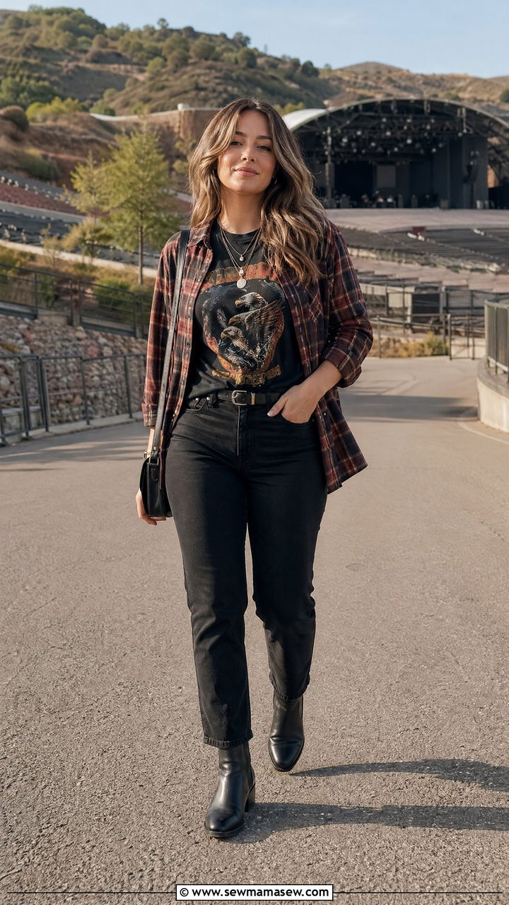 Flannel shirt and black jeans concert outfit - 35 Concert outfits for pear shape