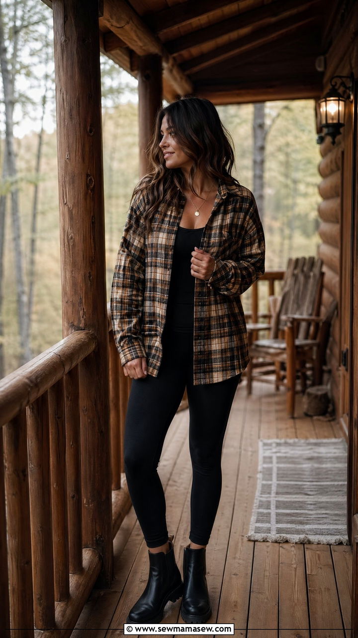 Flannel shirt and black leggings casual - 35 Country outfit ideas