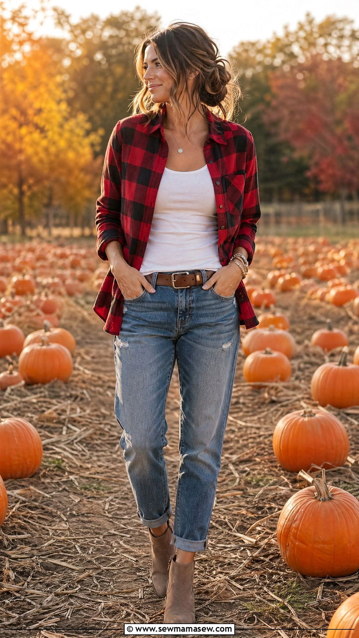 Flannel shirt and boyfriend jeans outfit - 35 Comfy outfits for moms