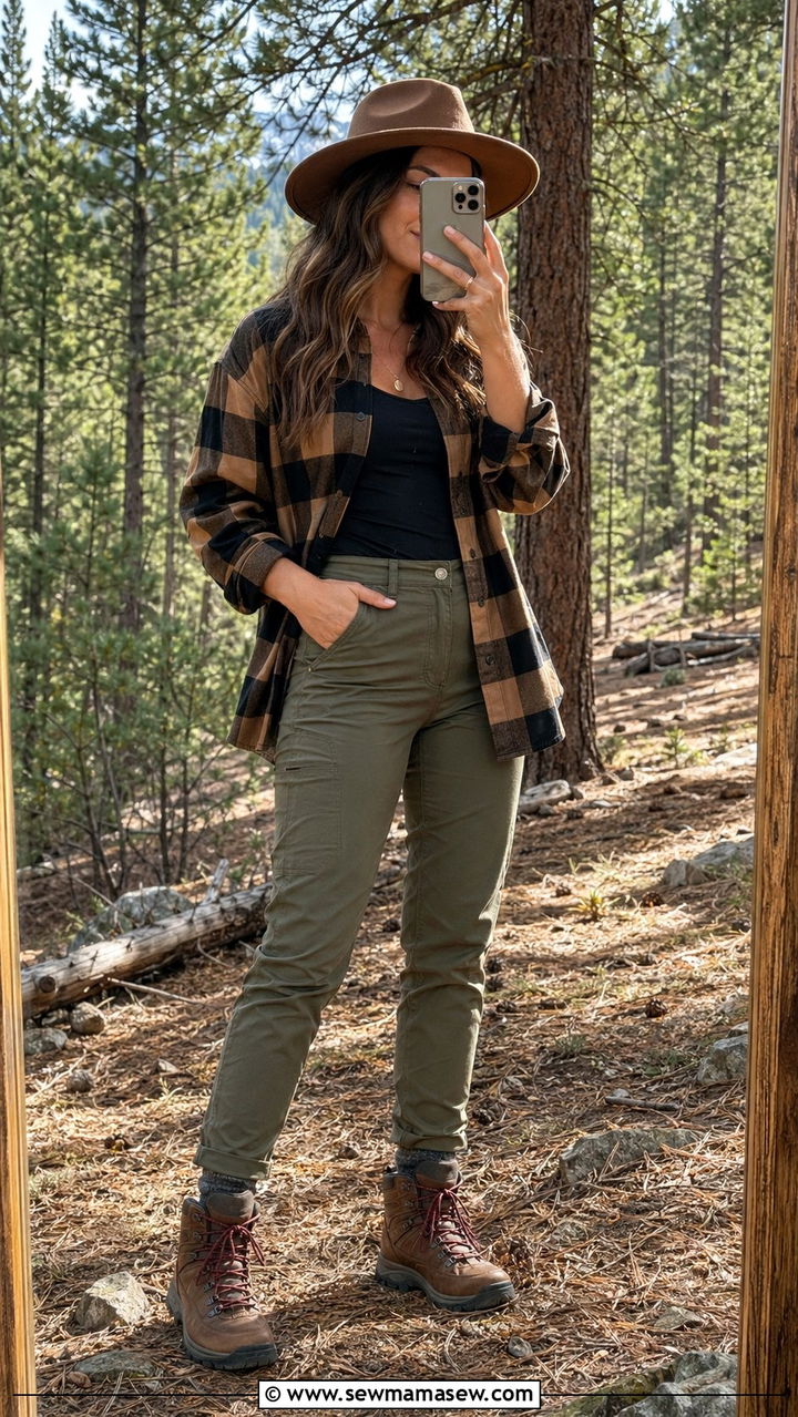 Flannel shirt and hiking pants outfit - 35 Mountain vacation outfit ideas