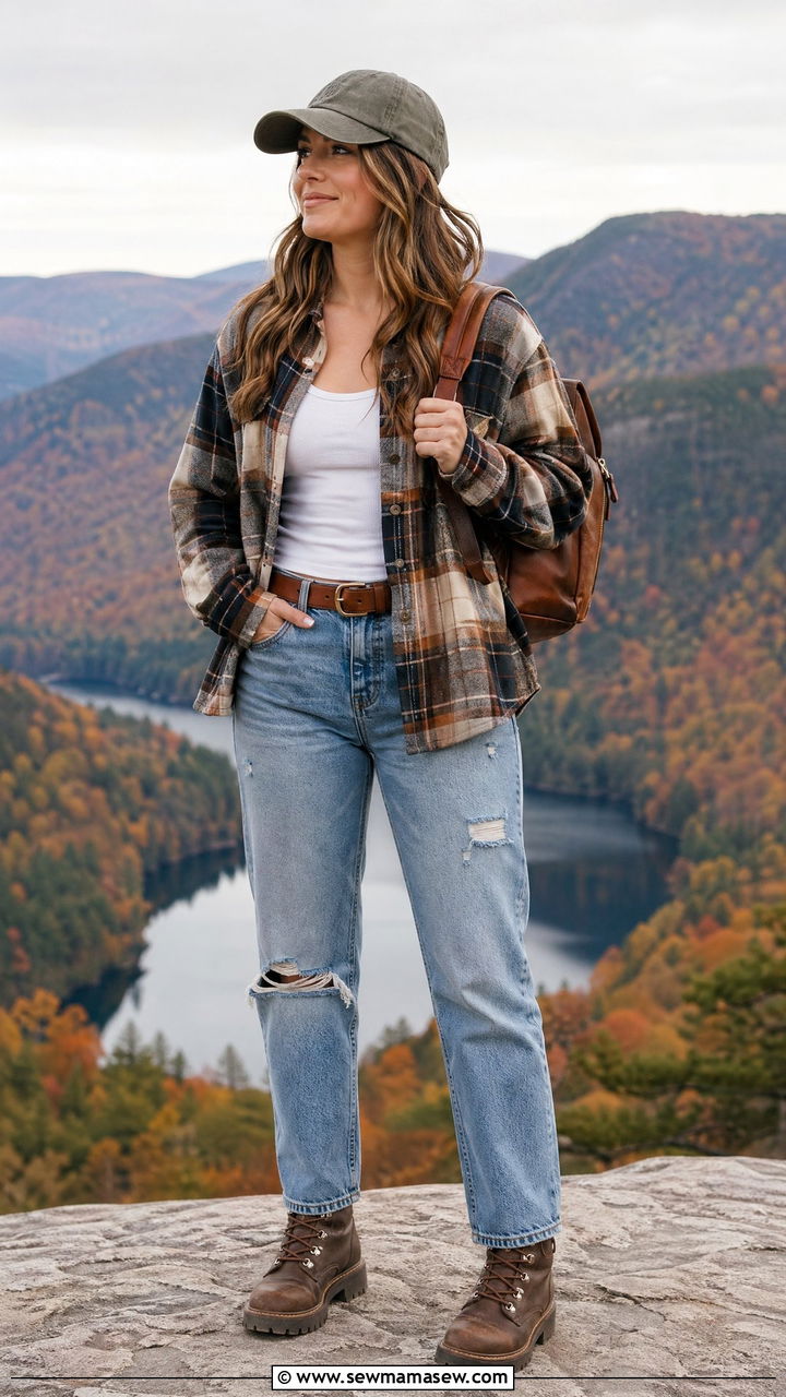 Flannel shirt and jeans road trip outfit - 35 Travel day outfit ideas