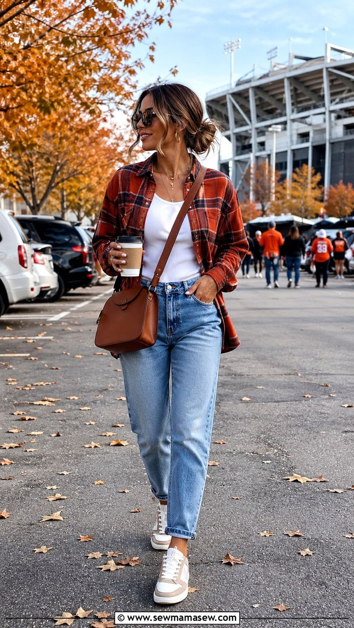 Flannel shirt layered over tank top and jeans outfit - 30 Soccer game outfit ideas