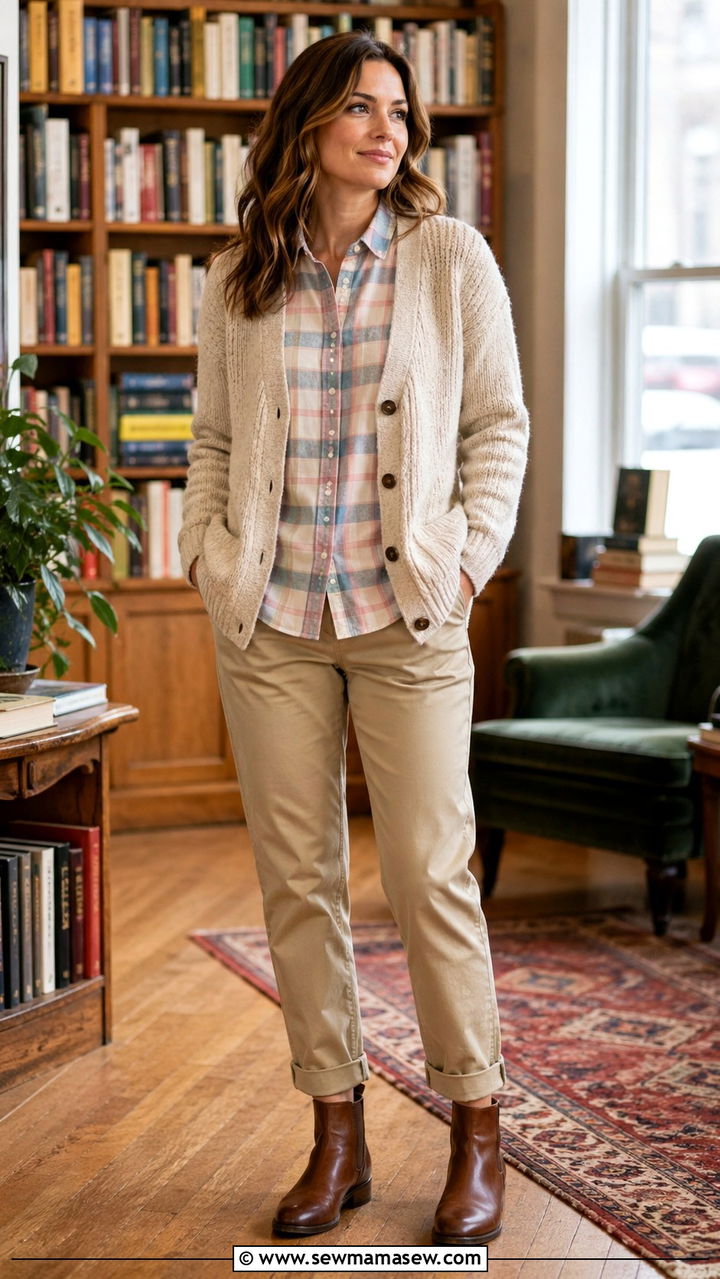Flannel shirt layered under a cardigan - 30 Spring layering outfits