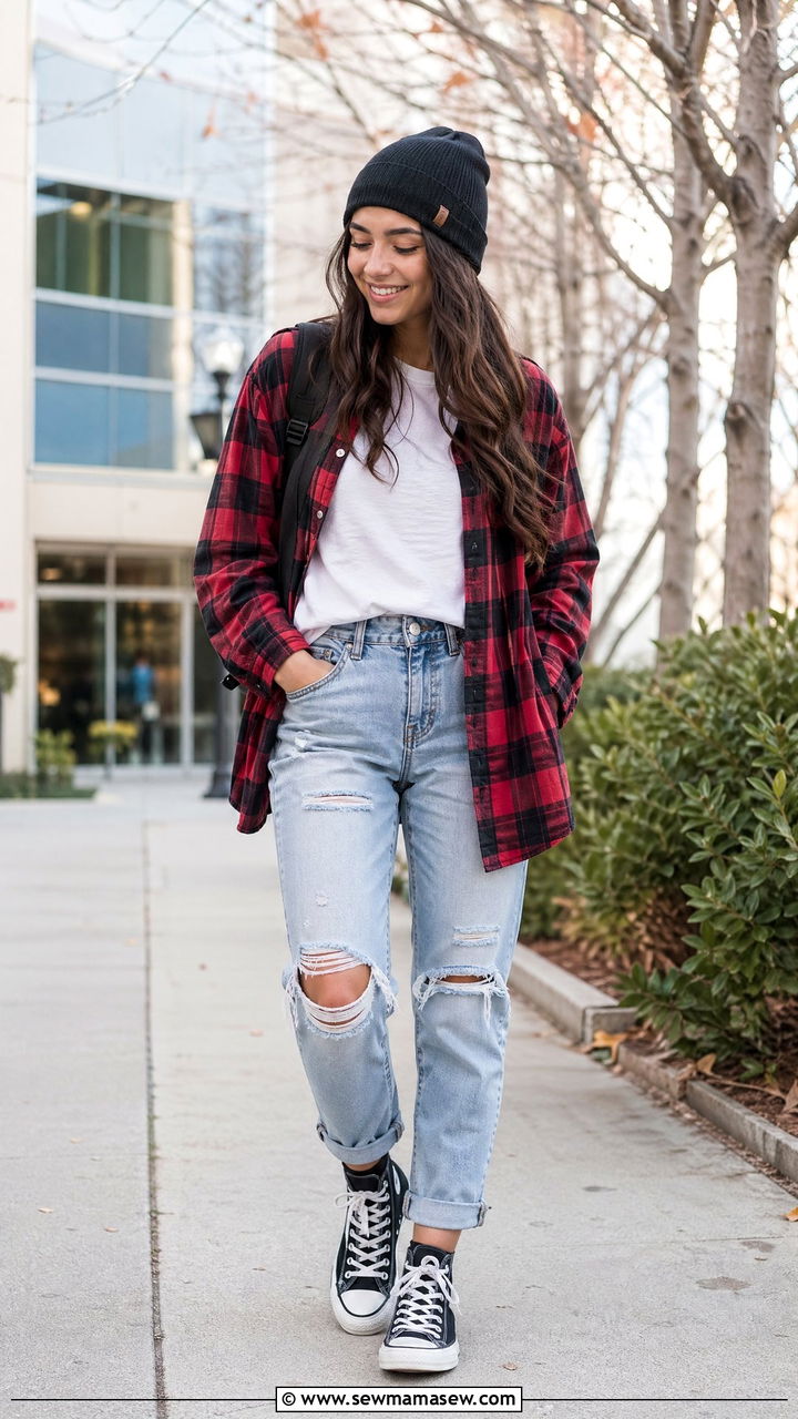 Flannel shirt over a plain tee with ripped jeans - 35 casual school outfits