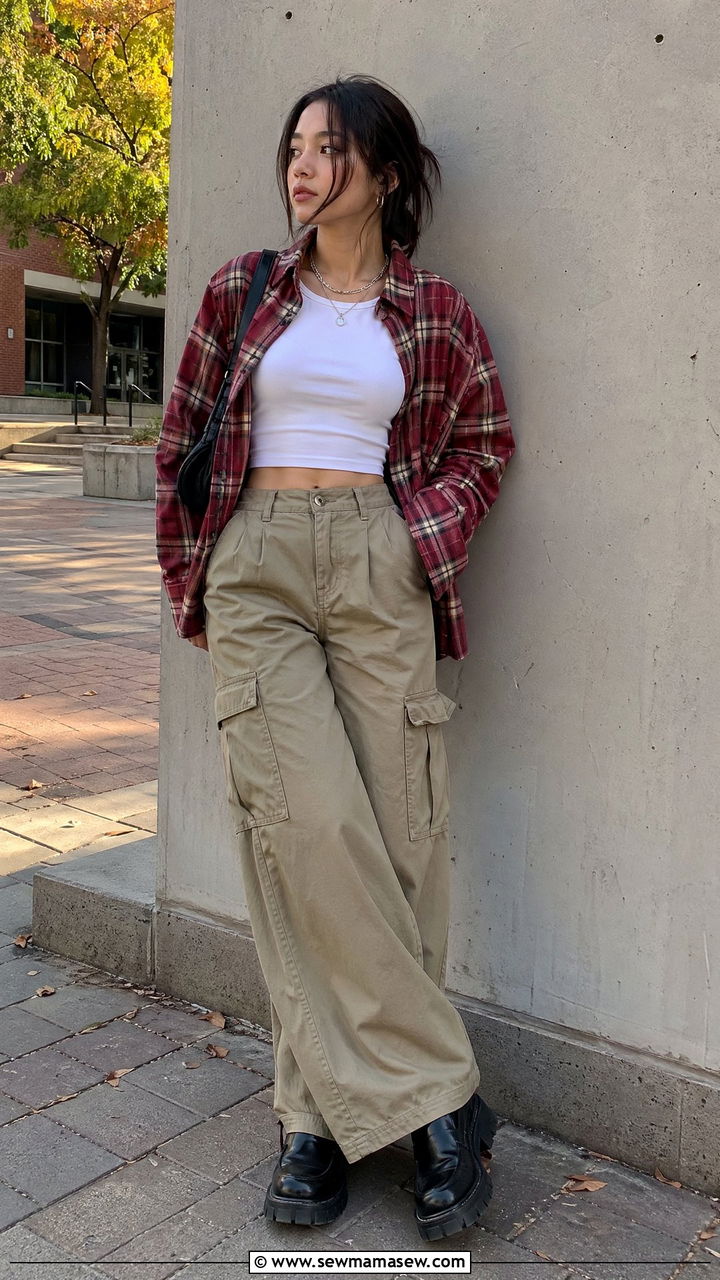 Flannel shirt over baby tee with wide leg cargo pants - 35 cute college outfits