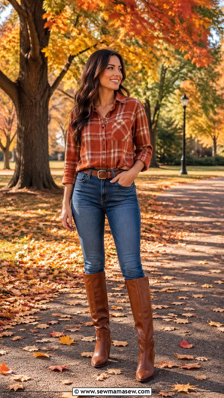 Flannel shirt with blue skinny jeans and knee high boots - 30 Skinny jeans outfit ideas with a button down