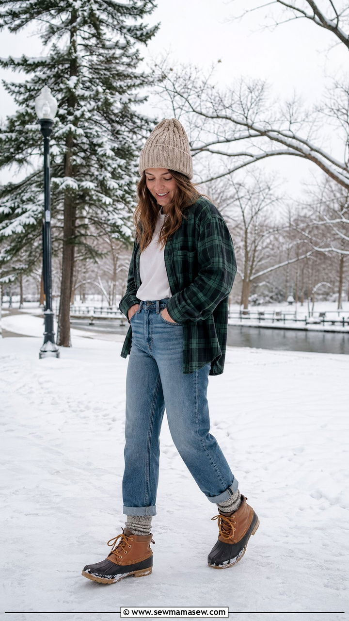Flannel with Straight Leg Jeans and Duck Boots - 35 casual straight leg jeans outfits
