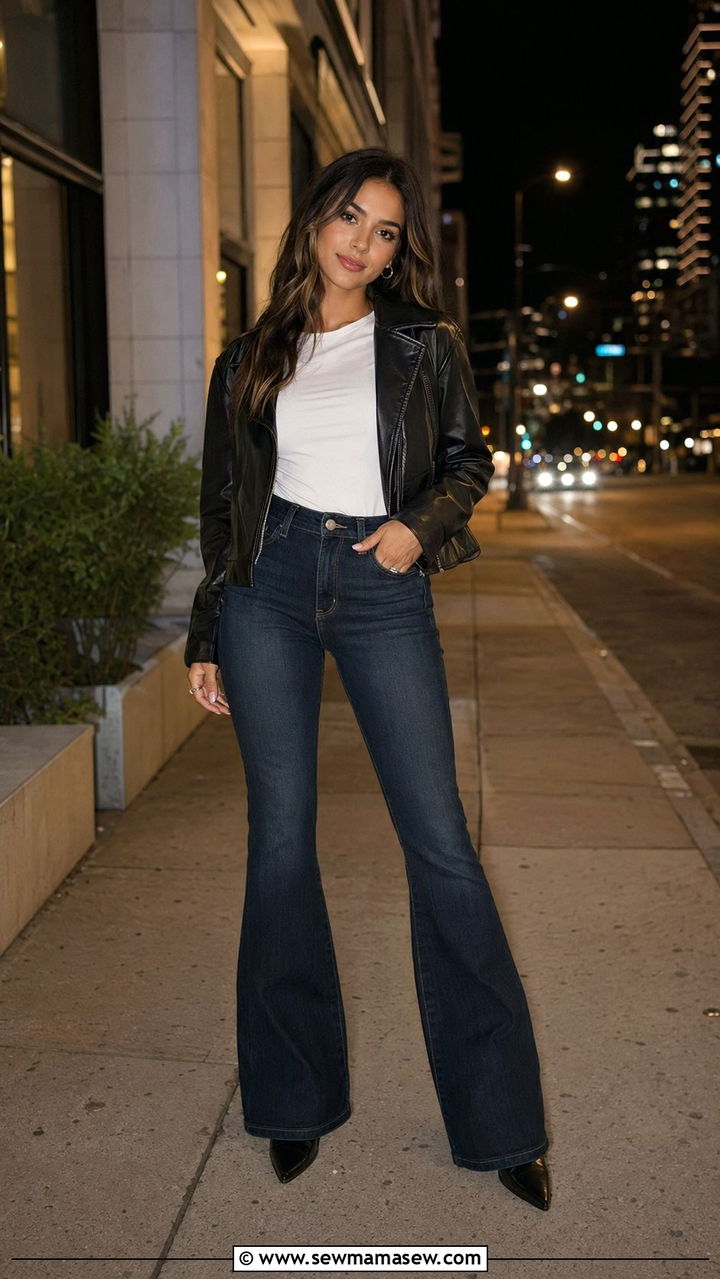 Flare Jeans With A Faux Leather Jacket And Pointed Toe Boots - 30 Best jeans for petite women