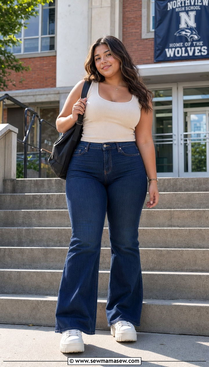 Flare jeans and fitted ribbed tank outfit - 30 Back to school outfit ideas plus size teens