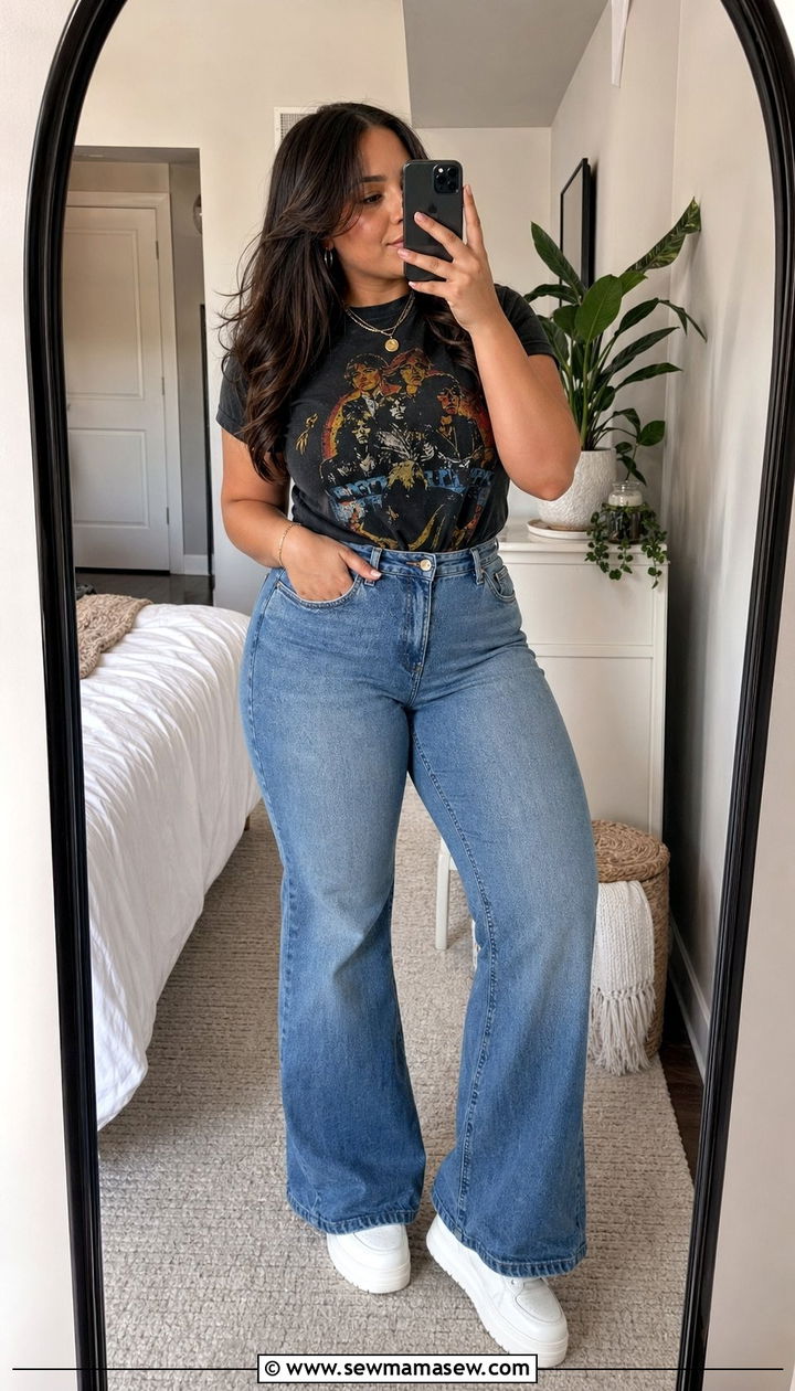 Flare jeans with vintage band tee and platform sneakers - 30 Best jeans for plus size