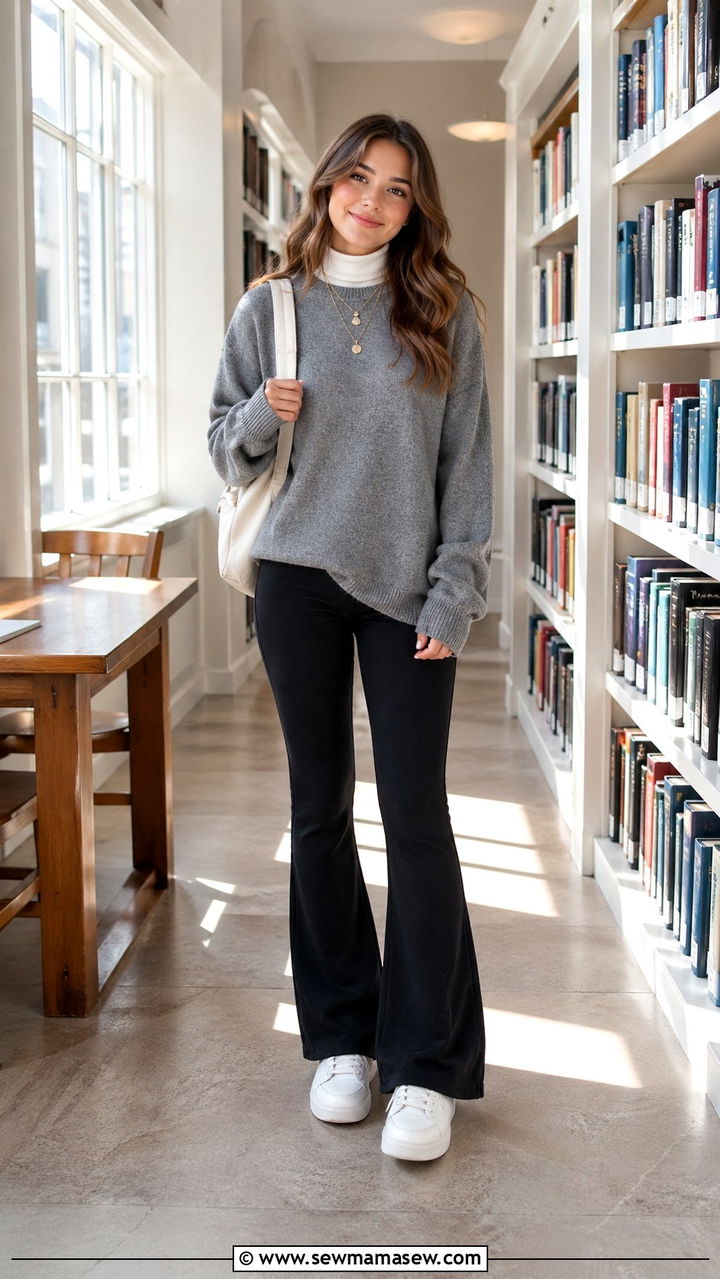 Flared Black Leggings With Grey Oversized Sweater School Outfit - 30 school outfits inspo