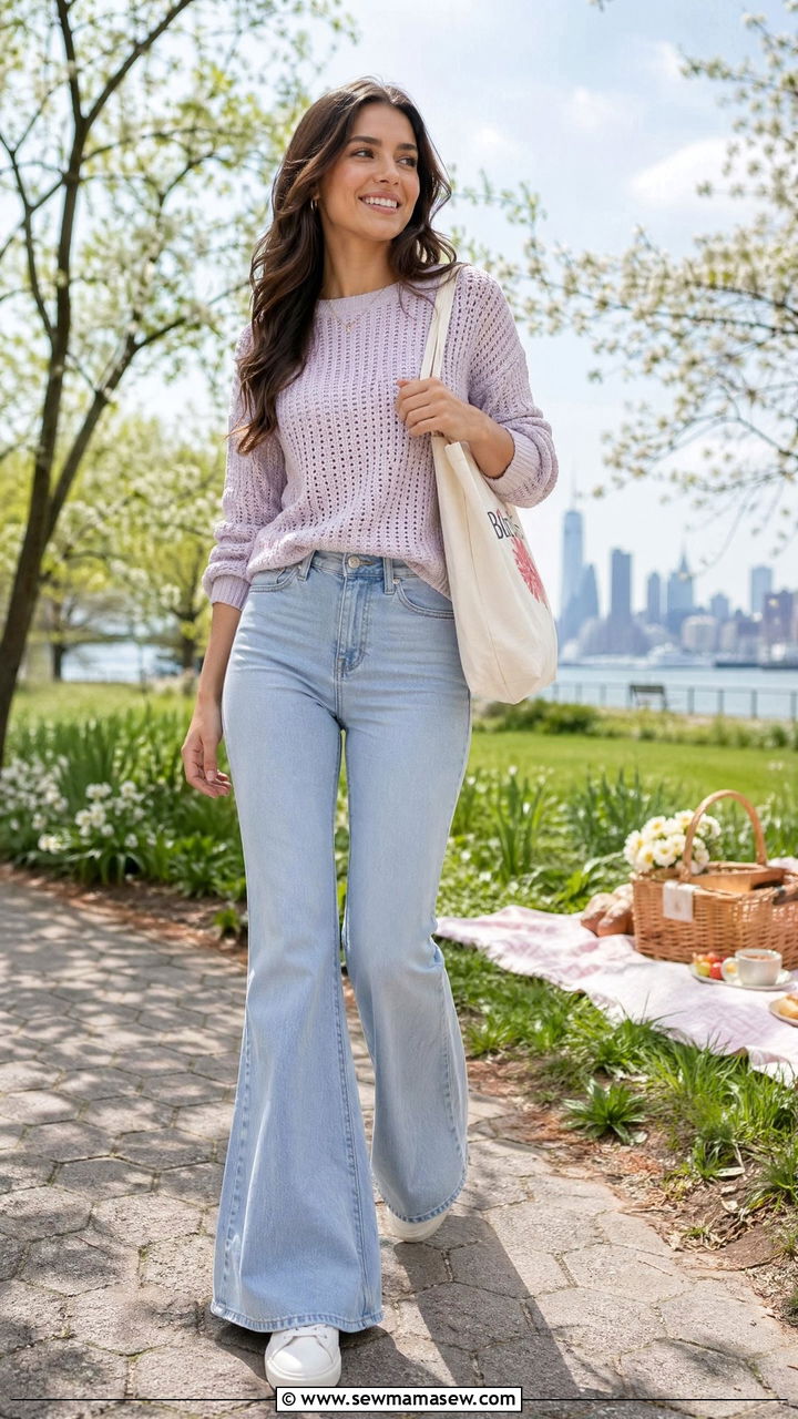 Flared Jeans with a Lightweight Sweater - 35 What to wear for a spring picnic