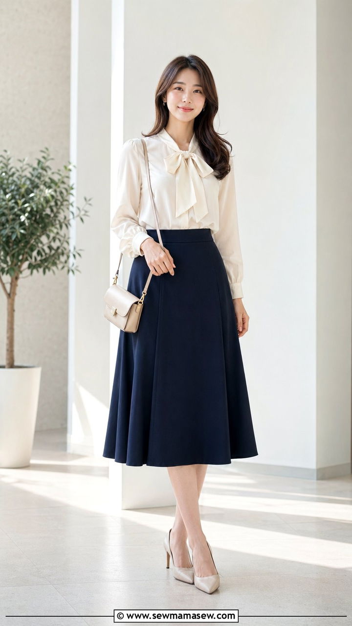 Flared Midi Skirt with Tucked Blouse Outfit - 35 modest outfit ideas for women