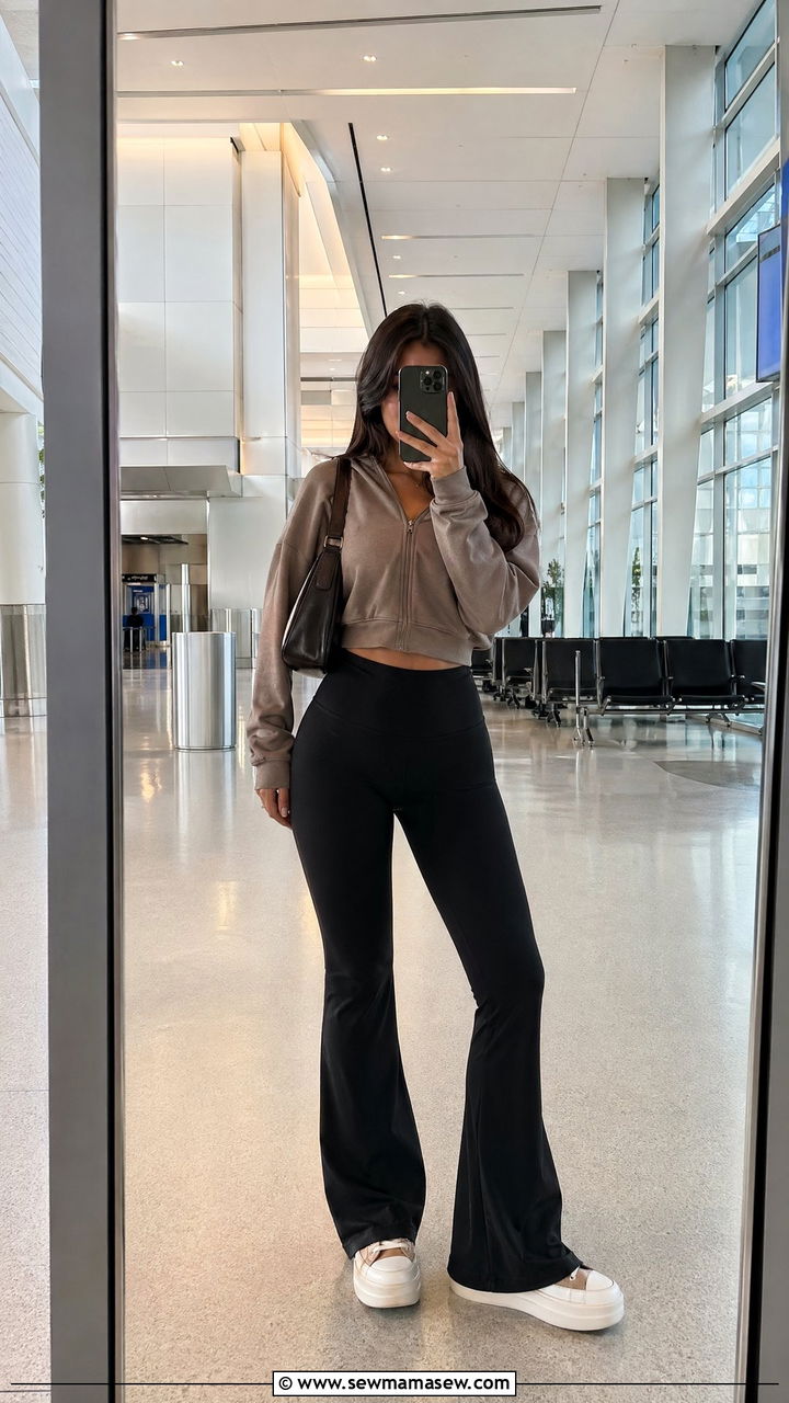 Flared Yoga Pants with Cropped Hoodie and Platform Sneakers - 35 what to wear to the airport