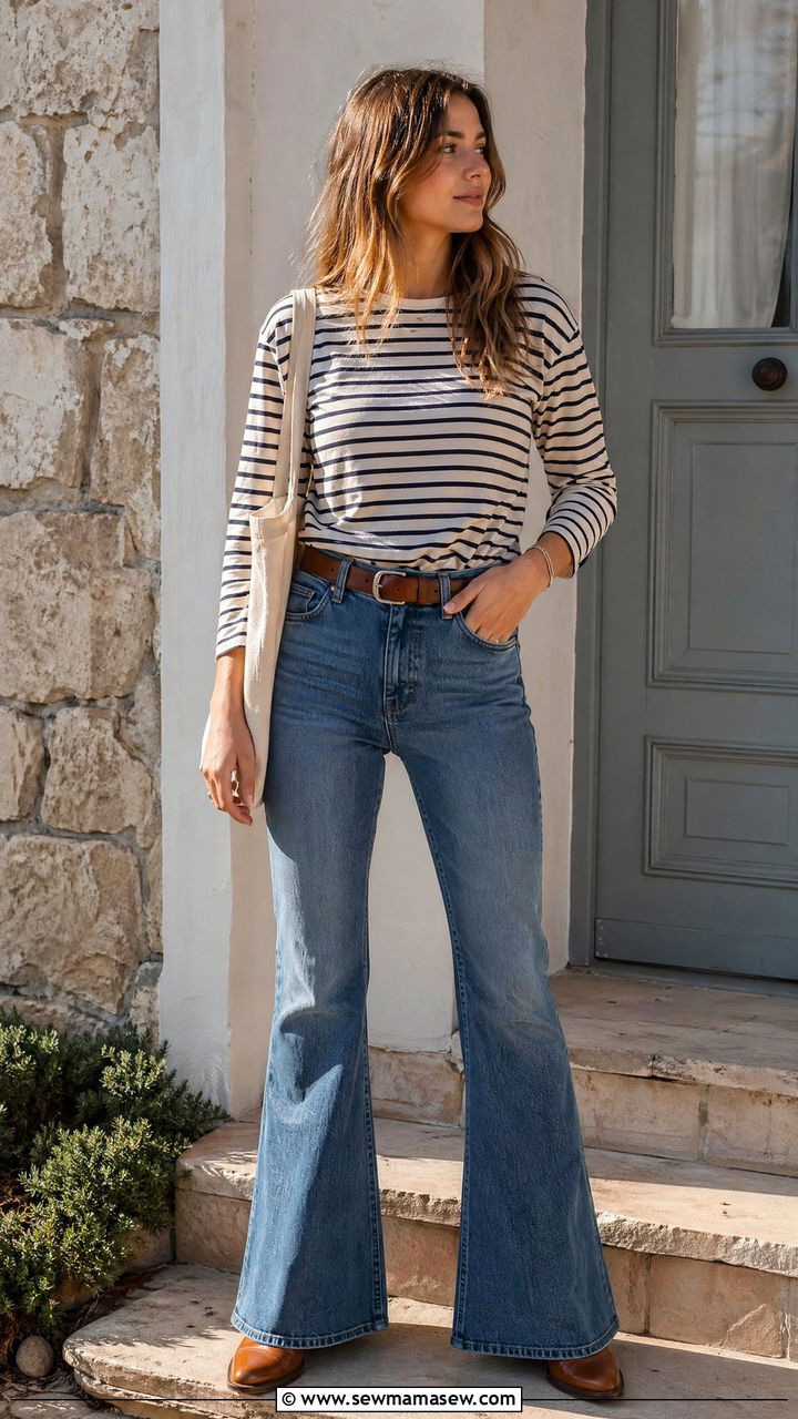 Flared jeans with striped shirt and cowboy boots - 35 cowboy boots outfit ideas