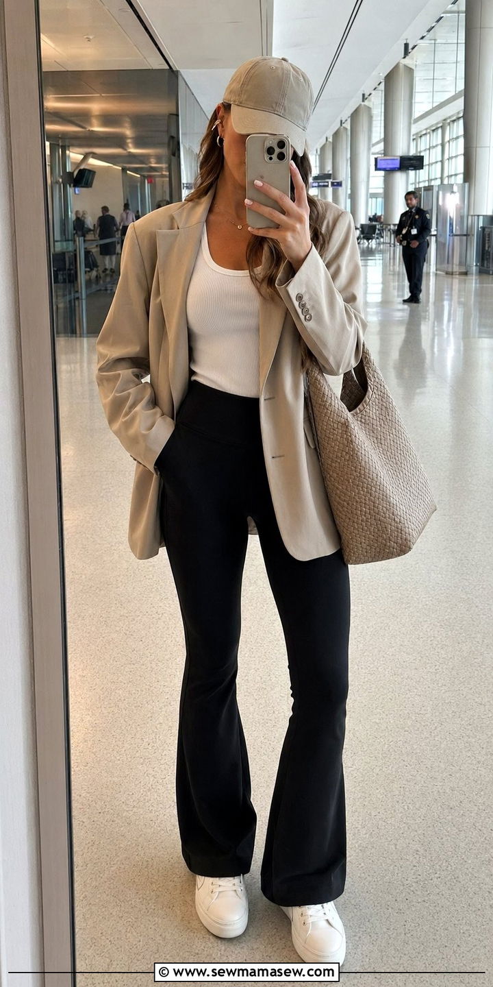Flared leggings and vest airport outfit - 30 Airport outfit ideas Parisian